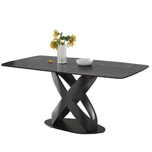 62.99 in. Modern Rectangular Black Sintered Stone Dining Table with Black Carbon Steel Legs (Seat 6)