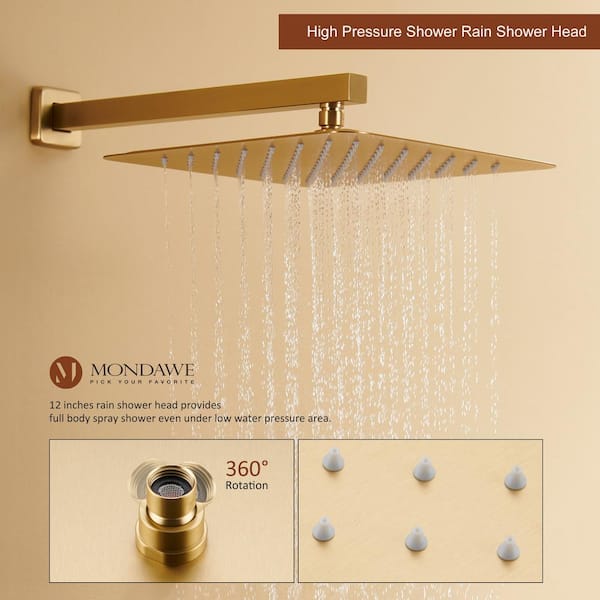 MULTNOMAH| 36 in Dual Showerhead Complete LED Music Shower Set 6 Body Jets 2x Wall Mounted Rainfall Showerhead Brushed Gold