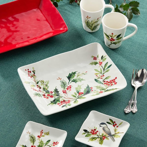 Holly And Vines 14 in. Rectangular Assorted Colors Stoneware Platter