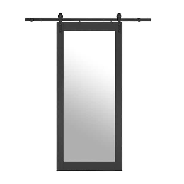 36 in. x 84 in. Mirrored Glass Black MDF Interior Sliding Barn-Door with Hardware Kit and-Door Handle