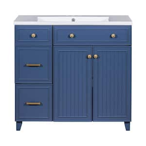 36 in. W Single Sink Bath Vanity in Navy Blue with White Solid Surface Top, 2 Drawers and 1 Adjustable Storage Shelf