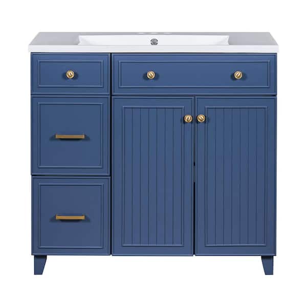 Polibi 36 in. W Single Sink Bath Vanity in Navy Blue with White Solid Surface Top, 2 Drawers and 1 Adjustable Storage Shelf