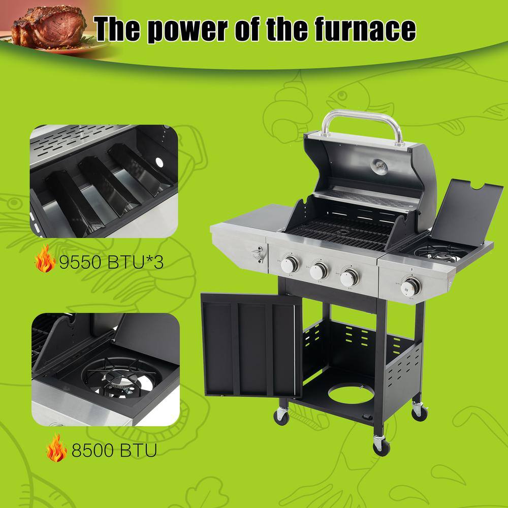 Stainless Steel 3-Burner Propane Gas Grill with Side Burner