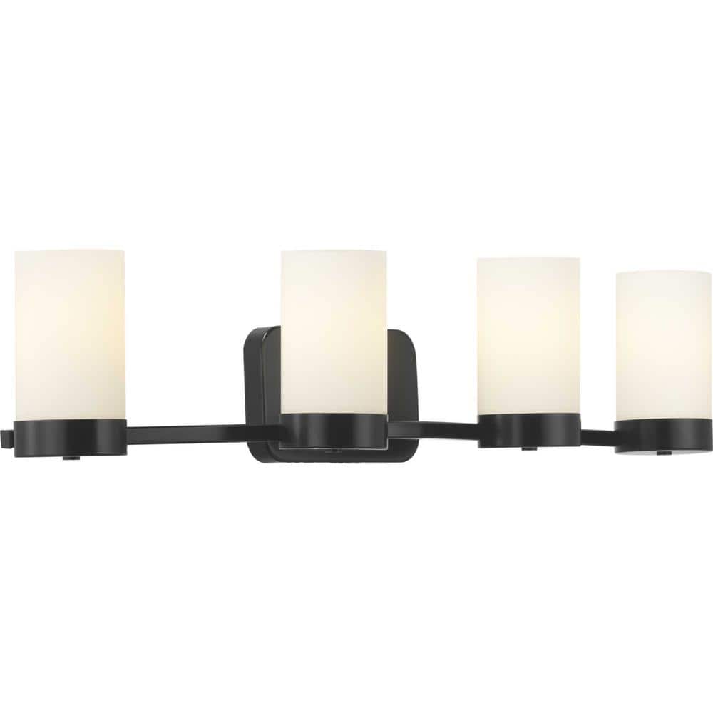 Matte Black 34.5" Steel 4-Light Bath Vanity with Etched Glass Shades