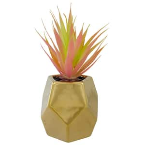 8 in. Green Artificial Sword Grass in a Gold Geometric Pot