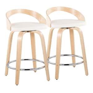 Grotto 24 in. White Faux Leather, Natural Wood and Chrome Metal Fixed-Height Counter Stool (Set of 2)