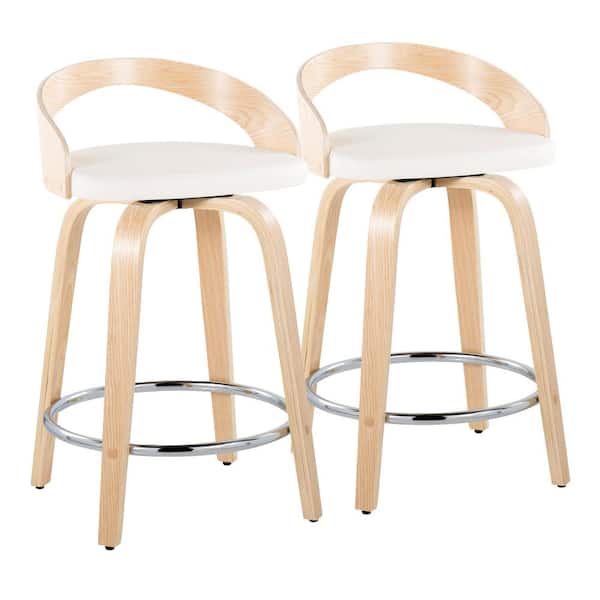 Lumisource Grotto 24 in. White Faux Leather, Natural Wood and Chrome Metal Fixed-Height Counter Stool (Set of 2)