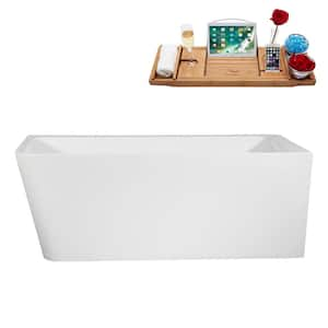 59 in. x 29 in. Acrylic Freestanding Soaking Bathtub in Glossy White with Glossy White Drain, Bamboo Tray