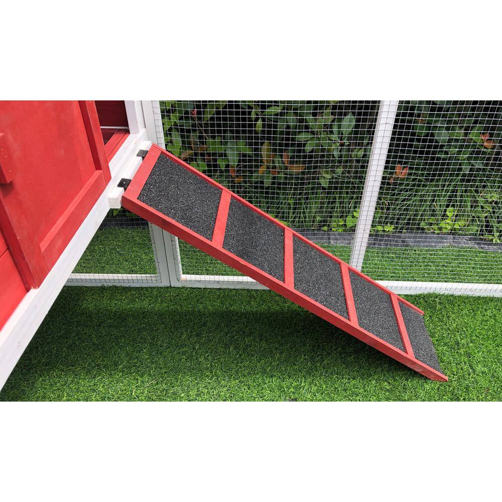 Red and White Elevated Wooden Chicken Coop with Mesh Run