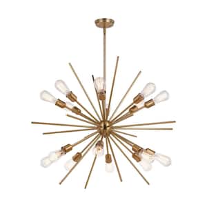 Estelle 36 in. Natural Brass Mid Century Modern 16-Light Sputnik Hanging Ceiling Pendant Chandelier