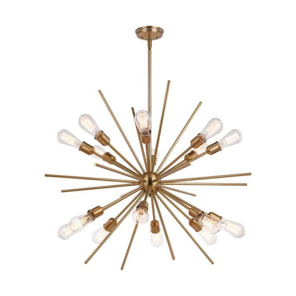 VAXCEL Estelle 36 in. Natural Brass Mid Century Modern 16-Light Sputnik Hanging Ceiling Pendant Chandelier