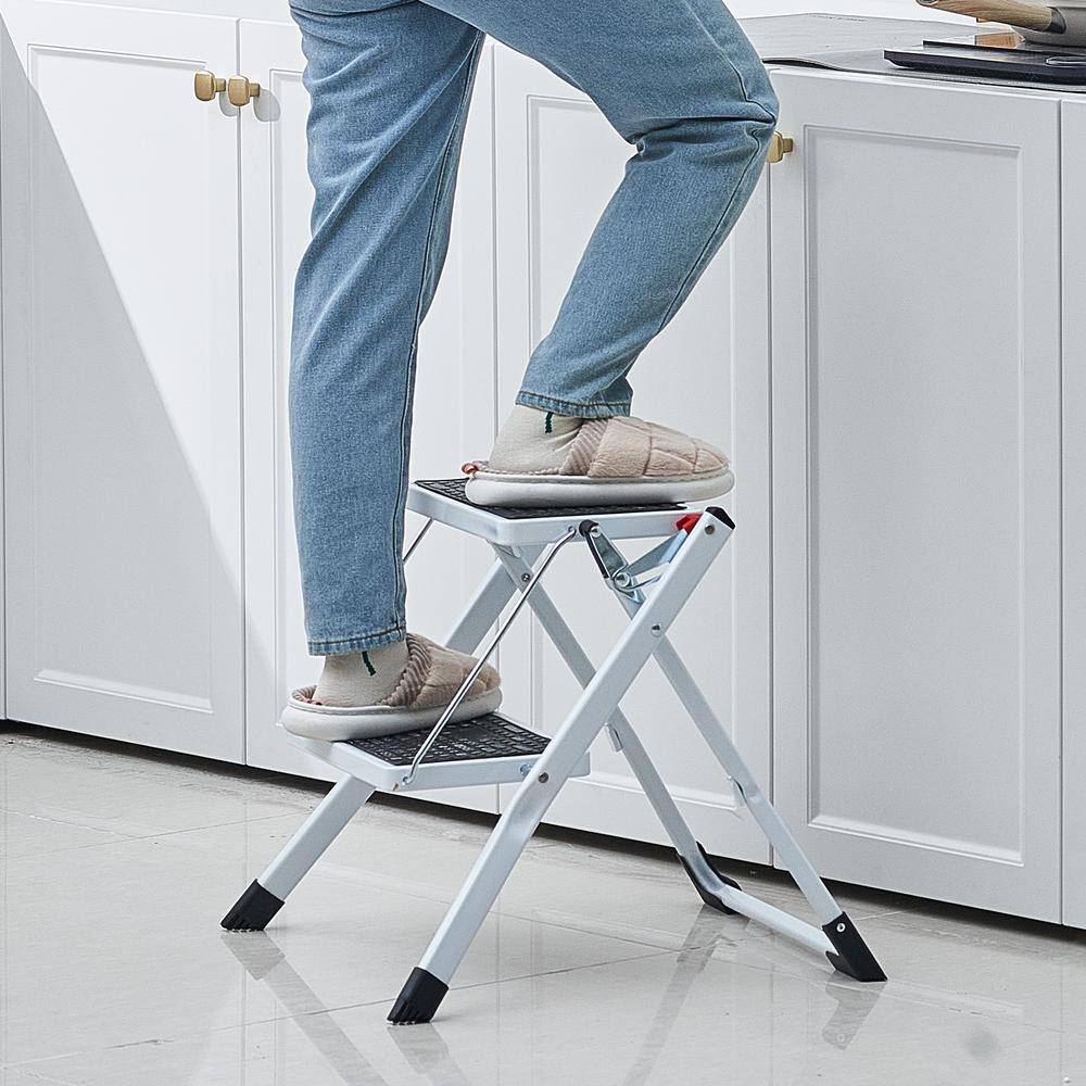 White Foldable 2-Step Steel Ladder with Anti-Slip Pedals