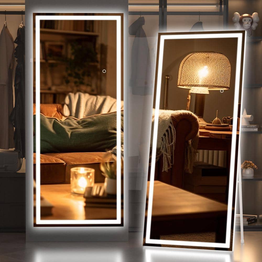 24 in. W x 67 in. H Square White LED Lighted Floor Standing Mirror, Full Bo