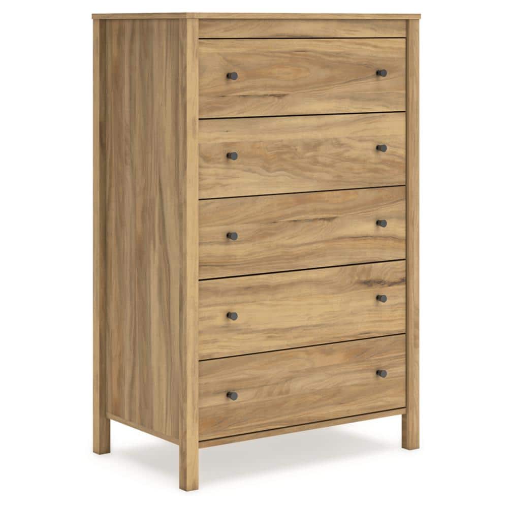 Light Brown 5-Drawer Tall Dresser with Dark Bronze Knobs