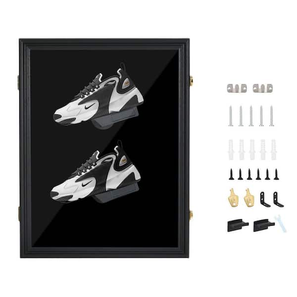 Black 21.6 in x 16.7 in Wood Wall-Mount Sneaker Display Case with UV Shield, Wooden Shoe Frame for Collectors (1-Pack)