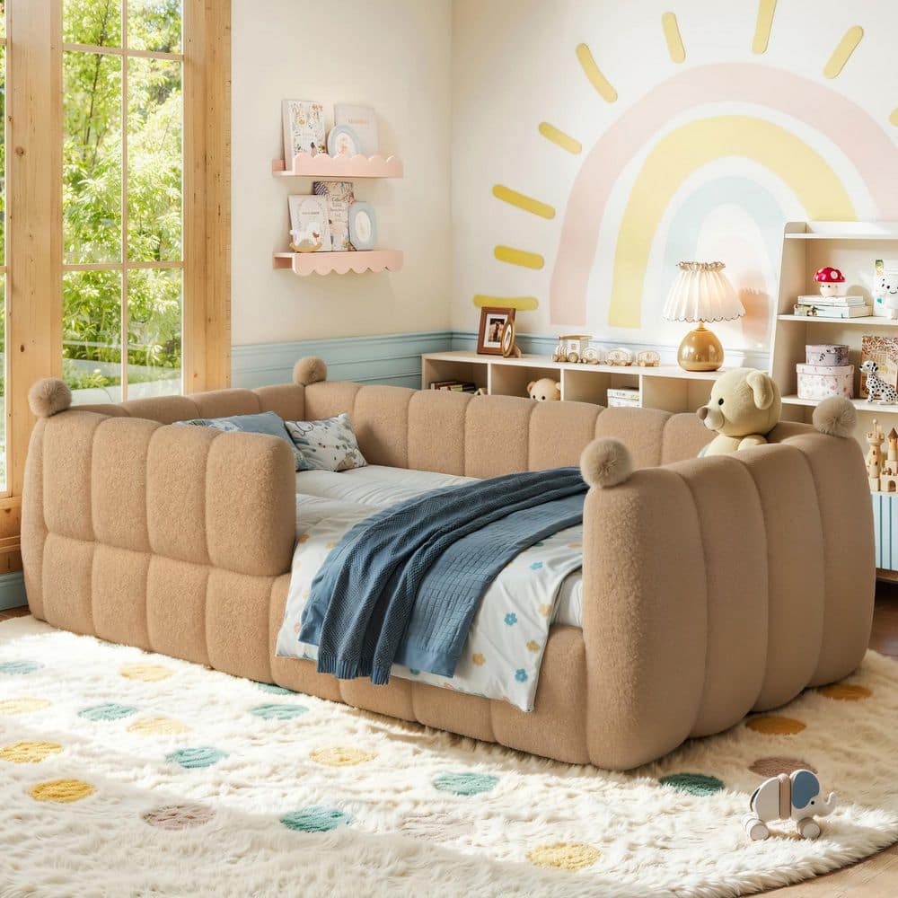 Natural Twin Size Soft Teddy Upholstered Floor Bed with Full Surround Safety Rails, Modern Montessori Kids Bed