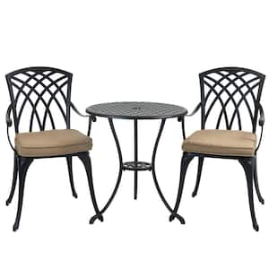 Black 3-Piece Aluminum Outdoor Bistro Set, Patio Furniture Set with Umbrella Hole and Grey Cushions For Backyard Balcony