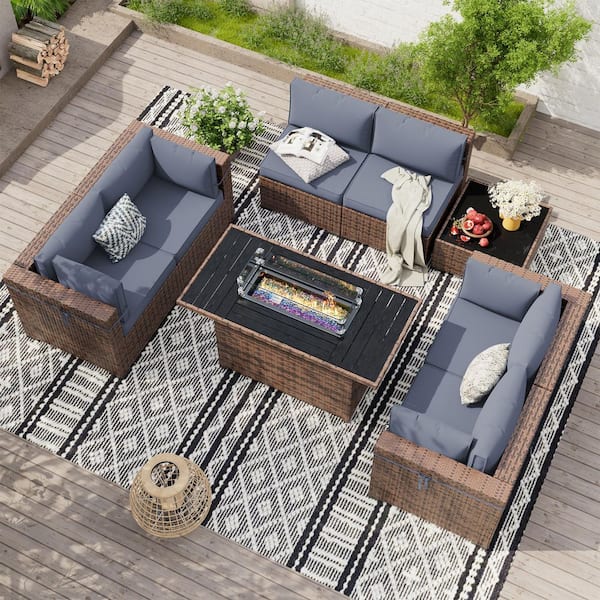 Poteban 8 Piece Brown Wicker Outdoor Sectional Set with Fire Pit Table, Coffee Tables and Gray Cushions