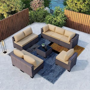 9-Piece Wicker Outdoor Sectional Set with Cushion Sand