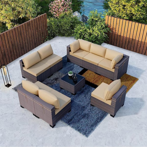 Halmuz 9-Piece Wicker Outdoor Sectional Set with Cushion Sand