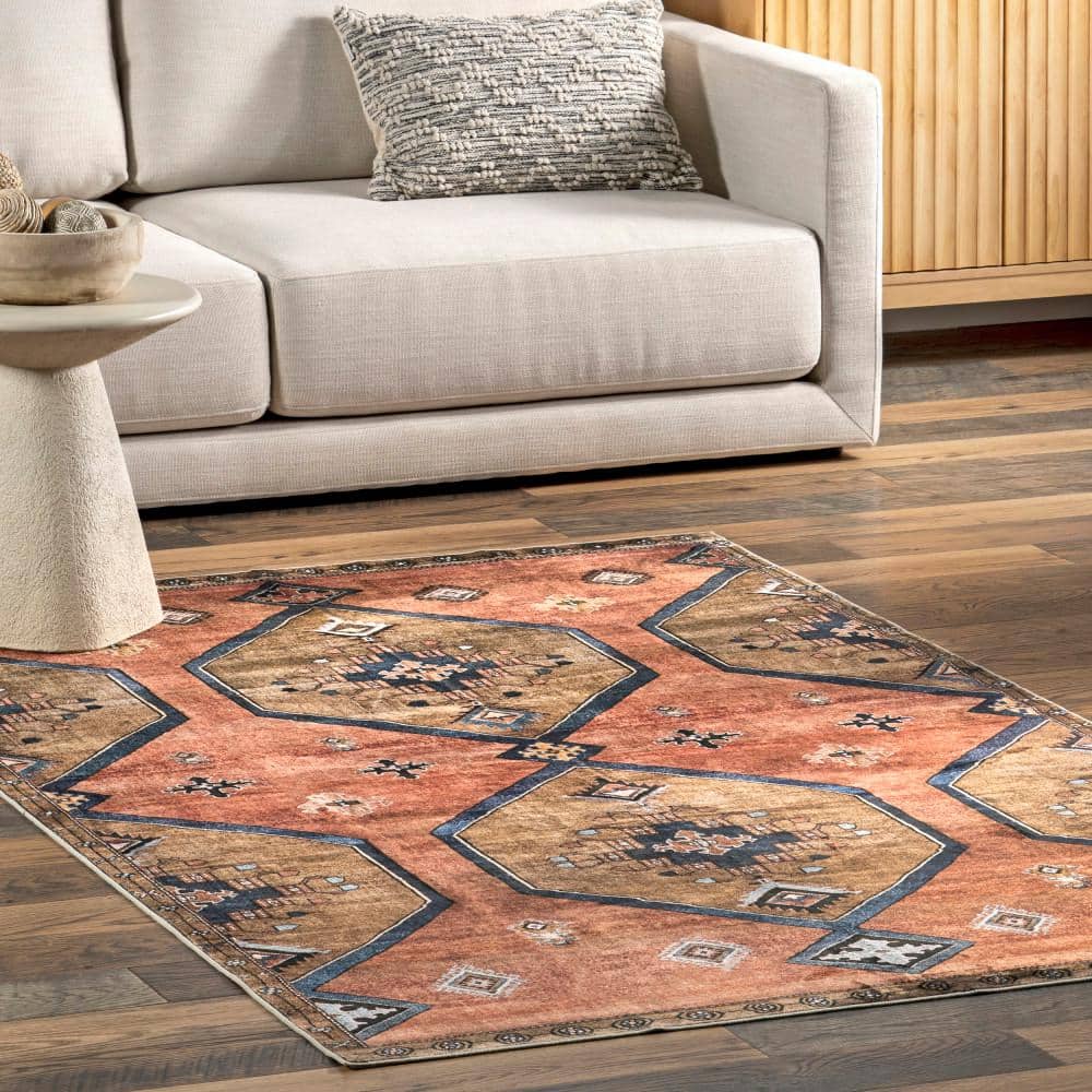 Gray and Rust Medallion 8' x 10' Washable Synthetic Area Rug