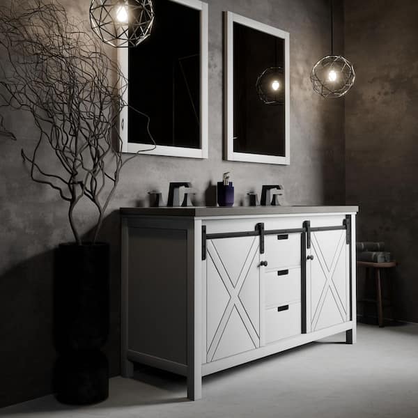 Lexora Marsyas 60 in W x 22 in D White Double Bath Vanity, Grey Quartz Countertop, Faucet Set and 24 in Mirrors