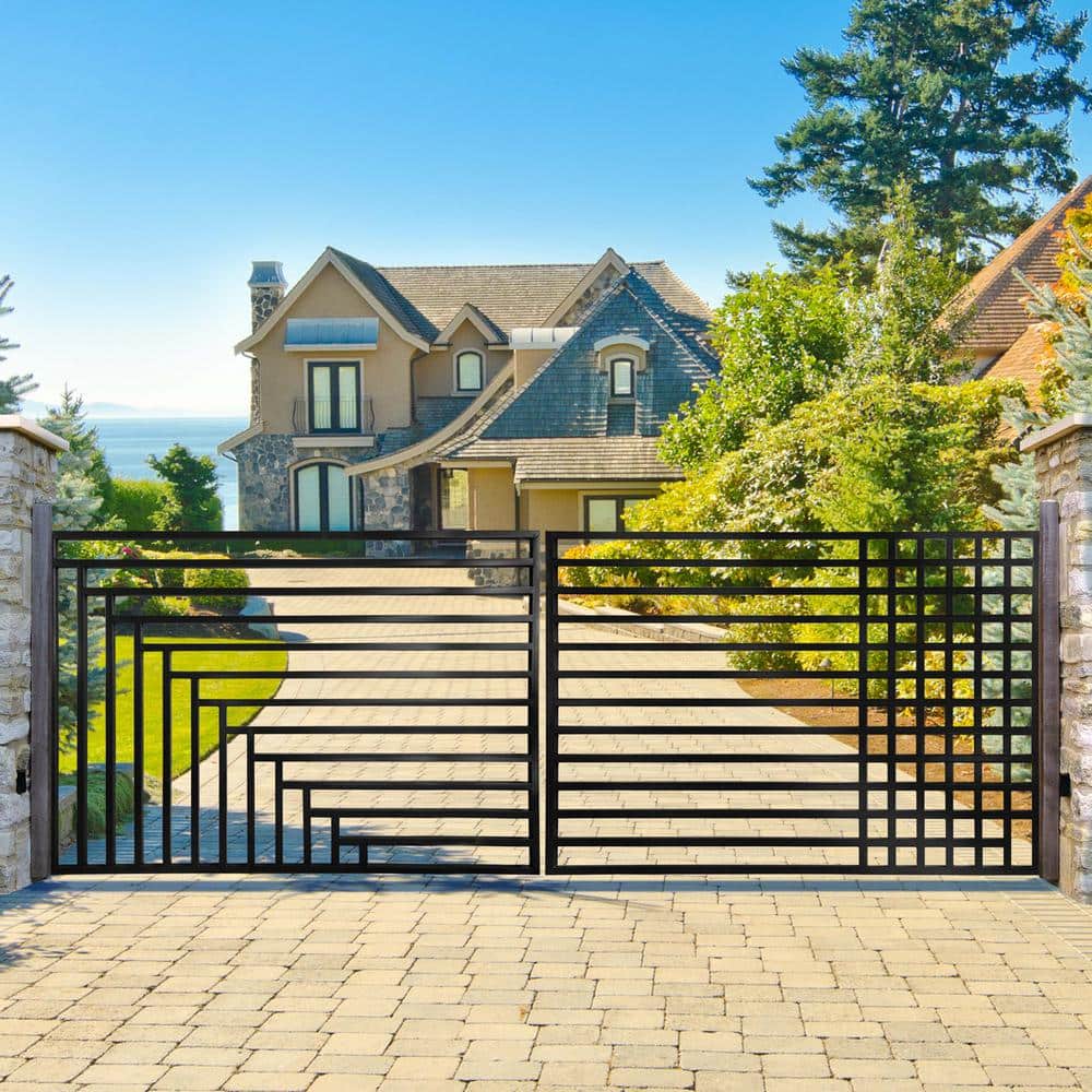 Kyiv Style 14 x 6 ft Black Steel Dual Swing Driveway Gate with Opener
