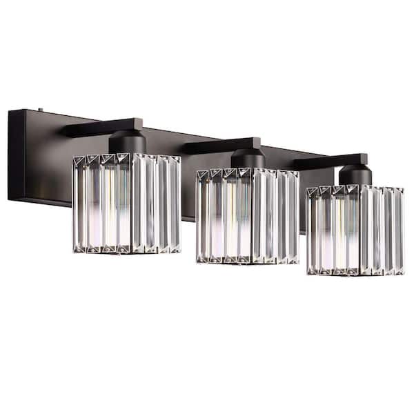 24 in. 3-Light Black Square Crystal Bathroom 3CCT Integrated LED Vanity Light Fixture
