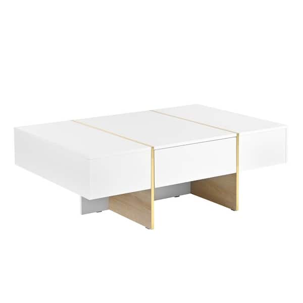 Clihome 47 in. White Rectangle MDF High Gloss Coffee Table with 2 Drawers, Modern Center Table for Living Room