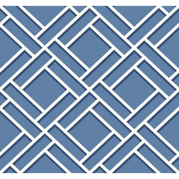 LILLIAN AUGUST Luxe Retreat Coastal Blue and Navy Block Trellis Paper Unpasted Wallpaper Roll (60.75 sq. ft.)