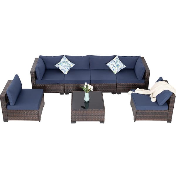 Unbranded 7-Piece Brown Wicker Outdoor Patio Conversation Set with Glass Top Table and Dark Blue Cushions
