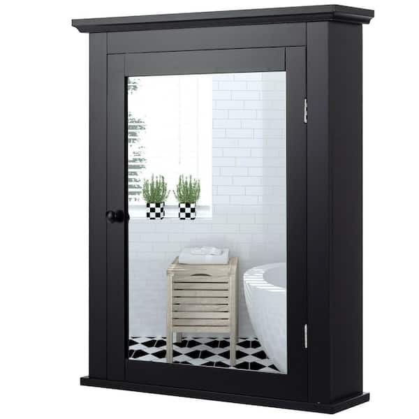 ANGELES HOME 22 in. W x 6 in. D x 27.5 in. H Black Bathroom Wall Cabinet Adjustable Shelf Medicine Storage with Mirrored Door