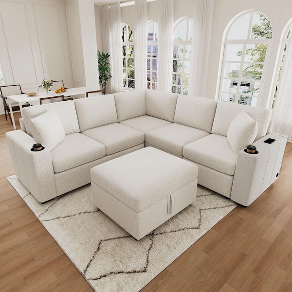 84.7 in. Chenille Upholstery L-shaped Sectional Sofa in. Beige with Pull-out Bed and Ottoman