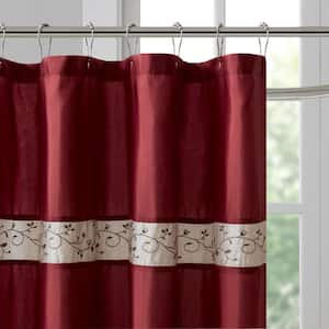 Belle Red 72 in. Faux Silk Embroidered Floral Shower Curtain