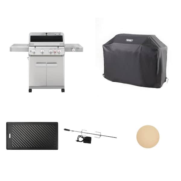Mesa 4-Burner Stainless Steel Gas Grill with Cover, Cast Iron Plate, Rotisserie Kit and Pizza Stone