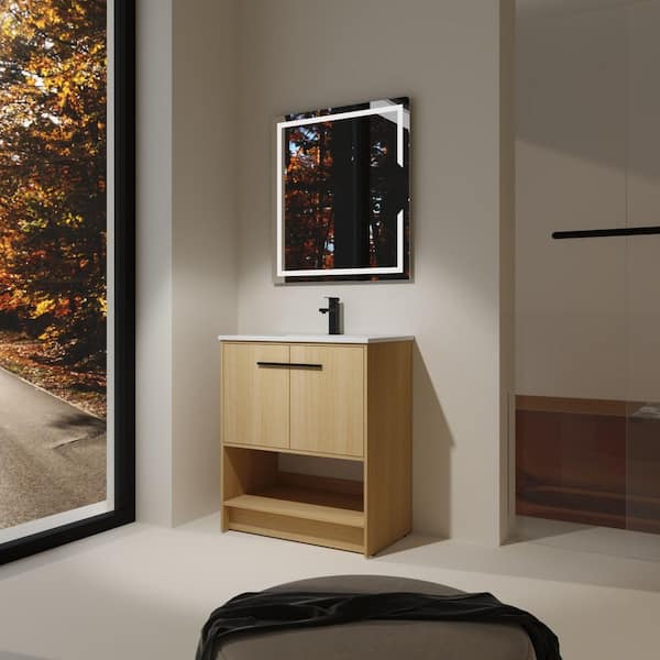30 in. Single Sink Freestanding Oak Bath Vanity with White Ceramic Top Open Shelf and Door Storage Cabinet Unassembled