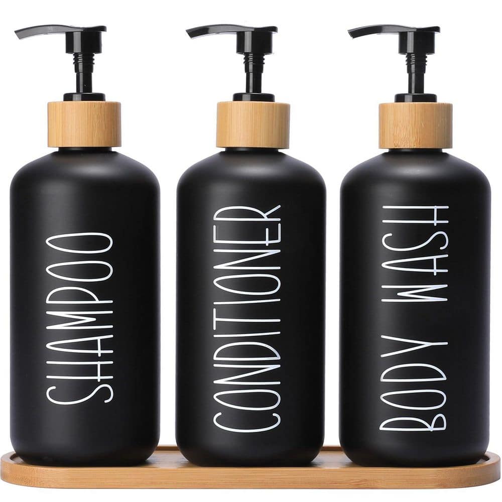 Black Shower Dispenser Set with 3 Extra-Thick PET Plastic Bottles, Pumps and Bamboo Tray for Shampoo and Conditioner price history on PriceWatchPro