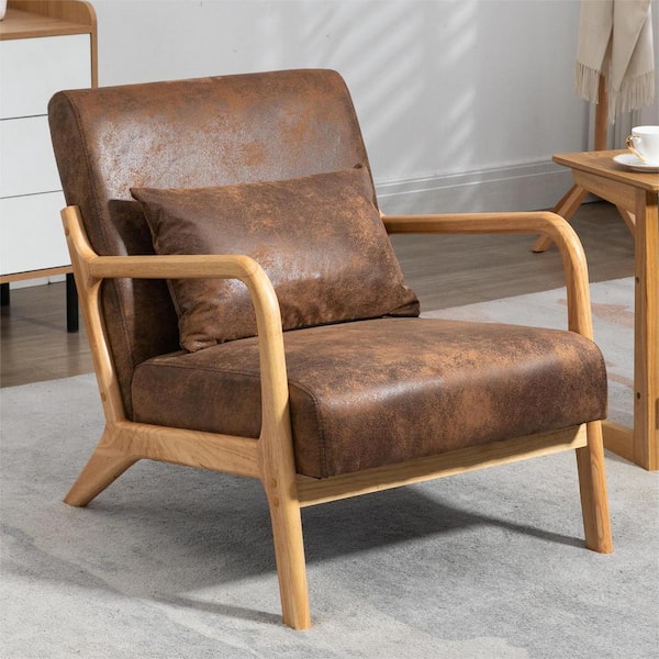 aisword Set of 2, Mid Century Modern Arm Chair with Wood Frame, Upholstered Living Room Chairs with Waist Cushion - Brown
