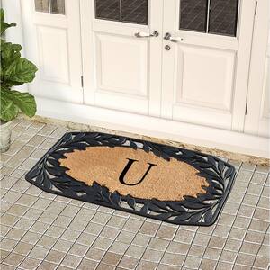 A1HC Stylish Leaf Border Black 23 in. x 38 in. Rubber and Coir Large Outdoor Durable Monogrammed U Door Mat