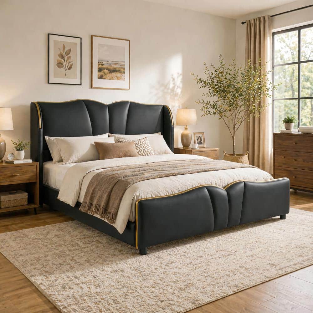 Black Leather Frame Queen Size Platform Bed with Wingback Head Board price history on PriceWatchPro
