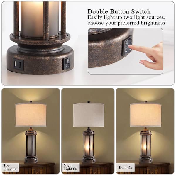 25 in. Bronze Rustic Vintage Lantern Table Lamp with 2 Bulbs