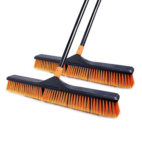 24 in. Push Broom Brush with 65 in. Long Handle and Stiff Bristles for Deck Garage Concrete, Orange (2-Pack)