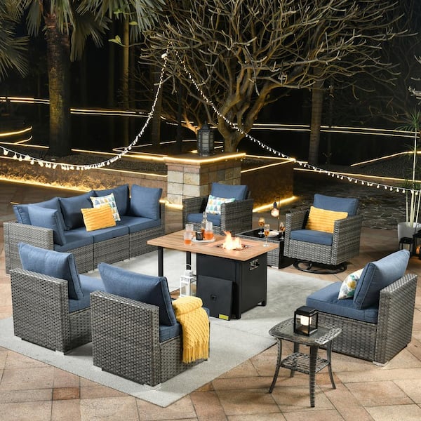 Toject Sanibel Gray 11-Piece Wicker Outdoor Patio Conversation Sofa Set with a Storage Fire Pit and Denim Blue Cushions