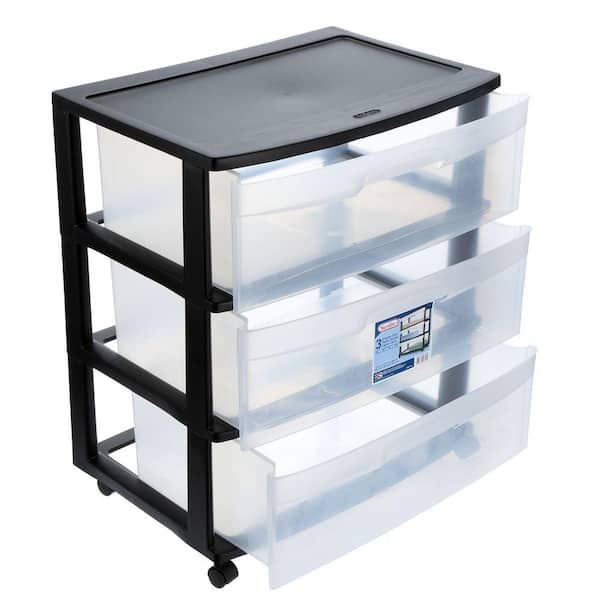 21.88 Inches Pack of 2 Black Frame with Clear Drawers and Black Casters STERILITE 29309001 Wide 3 Drawer Cart 