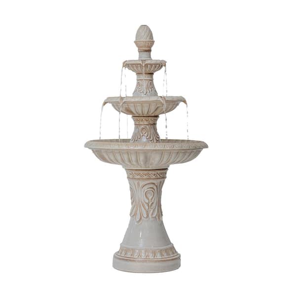 XBRAND 47 in. H Freestanding Garden 3-Tiered Outdoor Waterfall Fountain w/Leaf Details, Ceramic, Beige