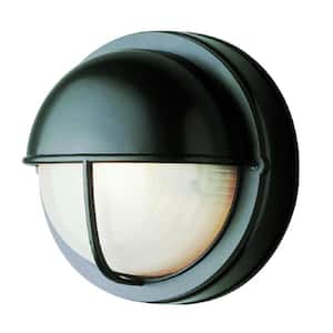 Well 8 in. 1-Light Black Round Bulkhead Outdoor Wall Light Fixture with Ribbed Glass