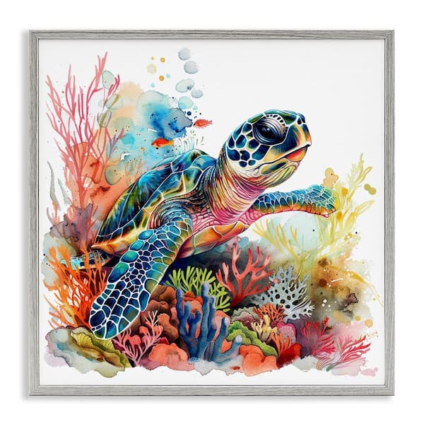 Stupell Industries Swimming Turtle Undersea by LSR Design Studio Gray Framed Animal Giclee Art Print 24 in. x 24 in.