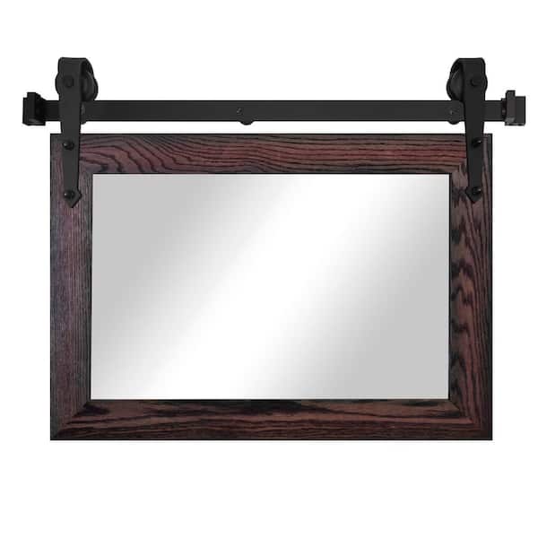 Rayne Mirrors (33 in. W x 26 in. H) Black Cherry Ozark Hardwood Mirror with Steel Barn Door Rail
