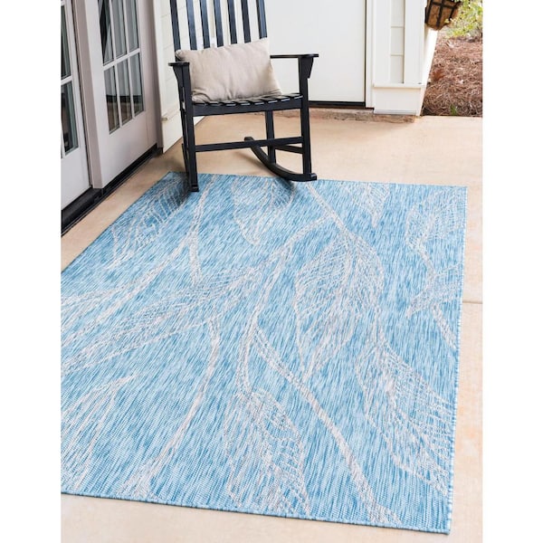 Outdoor Leaf Aqua Blue 8 ft. x 11 ft. Area Rug