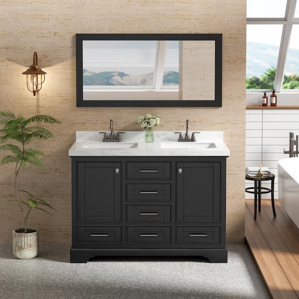 eclife 48 in. W x 21.7 in. D x 33.5 in. H Double Sink Freestanding Bath Vanity in Black with White Ceramic Top(Assembled)